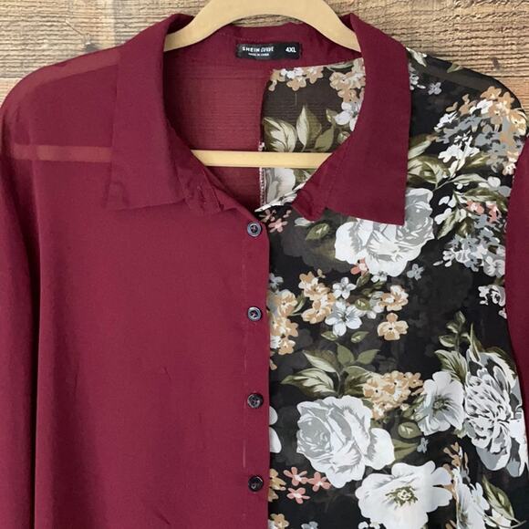 Shein Curve Two-toned Floral Button Down Sheer Long Sleeve Blouse Size 4XL 4X - Picture 2 of 9